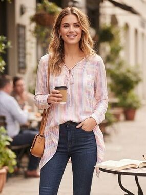 a.n.a Pastel Striped Tie-Front Asymmetrical Hem Long Sleeve Blouse Breezy Chic M